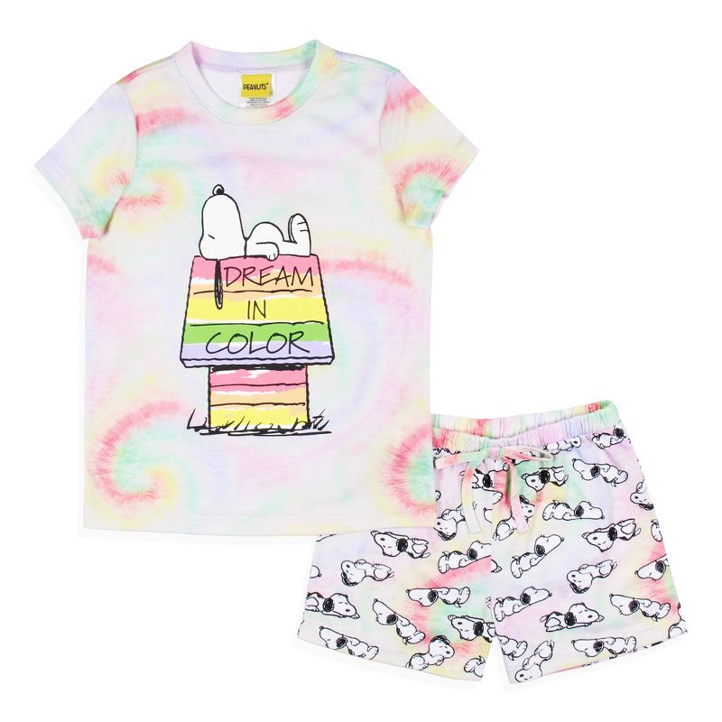 Peanuts Girls' Snoopy Dream In Color Tie-Dye Character Pajama Set Shorts Multicolored, 1 of 7