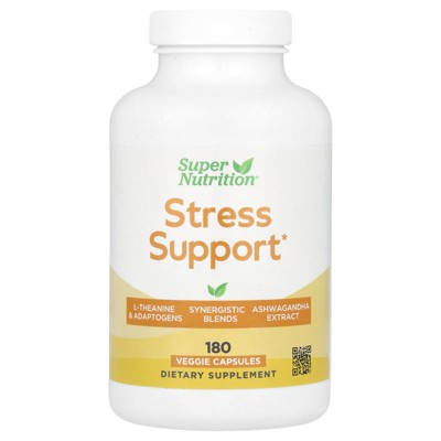 Super Nutrition Stress Support with L-Theanine, Ashwaghanda, Botanical Blend, and Enzymes, 180 Veggie Capsules