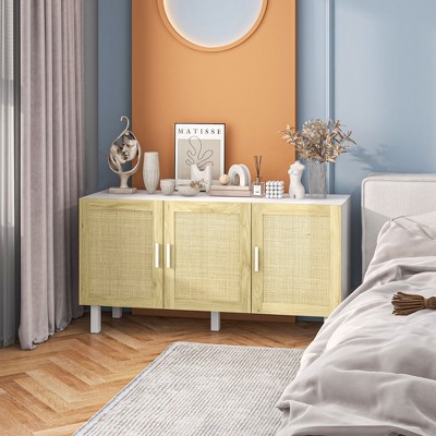White and Natural Rattan 3-Door Sideboard Buffet Cabinet
