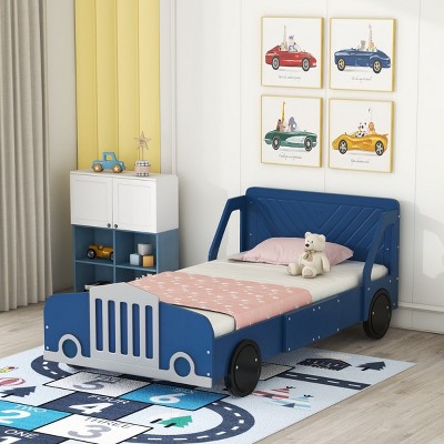 ALEXOUN Car-Shaped Bed with Wheels,Kids Bed with Headboard & Footboard,Wood Platform Bed Frame,for Kids Boys Girls