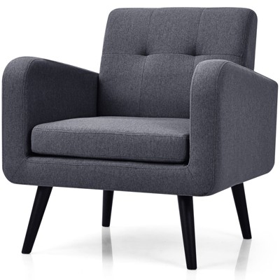Tangkula Modern Upholstered Accent Chair Linen Fabric Single Sofa with Rubber Wood Leg Grey/ Blue