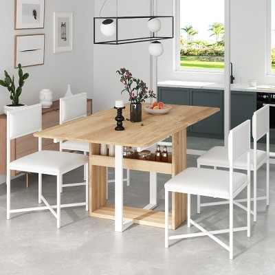 5 PCS Foldable Dining Table Set with 4 Chairs, Dining Table with Storage Rack and MDF Top, Iron Frame Chair with PU Leather Cushion-Baofuwish