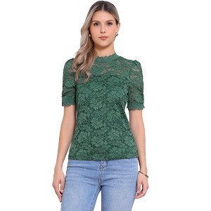 INSPIRE CHIC Women's Floral Lace Mock Neck Puff Short Sleeve Elegant Blouse - 1 of 4