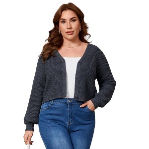Women's Plus Size Cropped Cardigan Long Sleeve V-Neck Outerwear Button Down Knit Sweater - 1 of 4