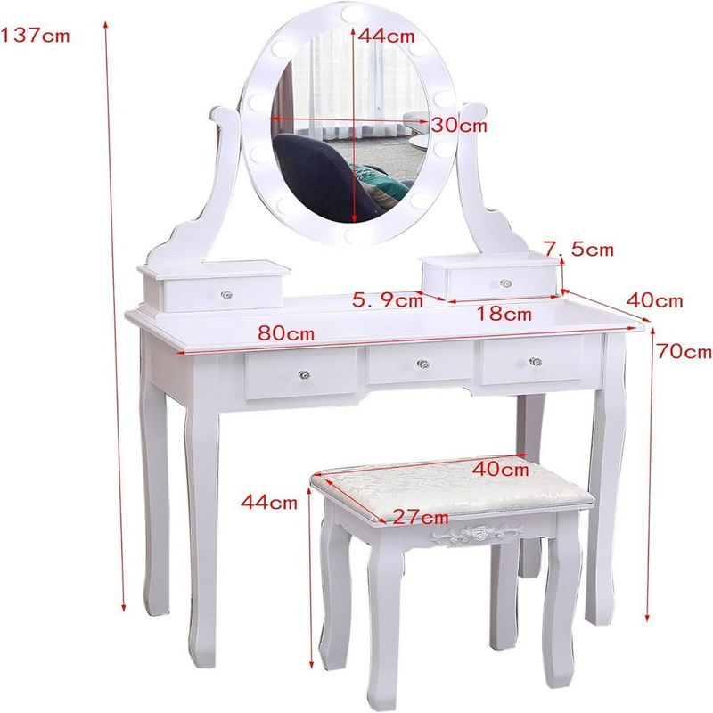 Whizmax Vanity Desk with Mirror and Lights, Wood Makeup Dressing Table with Oval Mirror & Stool,3 Colors Lighting Modes,White, 2 of 8