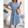 Coolmee Women Summer Maxi Dress Casual Short Sleeve Crewneck Floral Print High Waist Swing Pleated  Flowy Fashion Belted Sundresses L Light Blue - 4 of 4