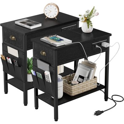 Black End Table With Charging Station- Flip Top Narrow Side Tables With ...