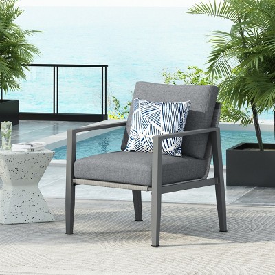 1 Piece Outdoor Patio Aluminum Lounge Chair,Upholstered Dining Chair With Gray Aluminum Frame,Rope Woven Backrest Armrest Side Chair-Coolbibila