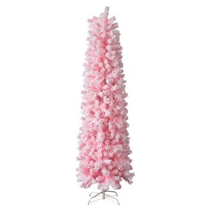7.5 FT Snow Flocked Hinged Christmas Tree, Artificial Pencil Christmas Tree, Unlit Pine Tree with 641 Branch Tips, Pink - 1 of 4