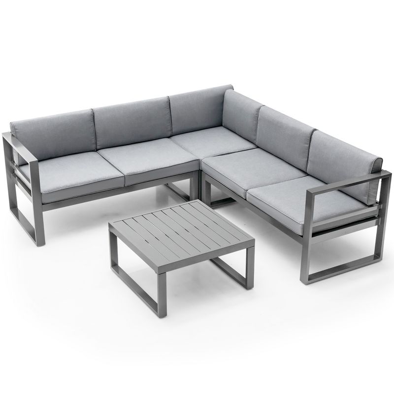 Costway 4PCS Patio Furniture Set Aluminum Frame Loveseat Coffee Table Cushions Deck Grey, 5 of 11