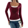 Women's Fashion Minimalist Square Neck Lace - Trimmed Button - Front Slim Fit Long Sleeve Top - 2 of 4