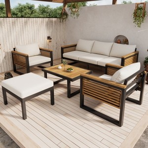 Christopher Knight Home Faye 5 Piece Patio Acacia and Metal Upholstered Seating Set with Slat Design - 1 of 4