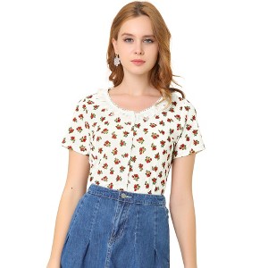 INSPIRE CHIC Women's Short Sleeve Round Neck Lace Trim Button Down Shirt - 1 of 4
