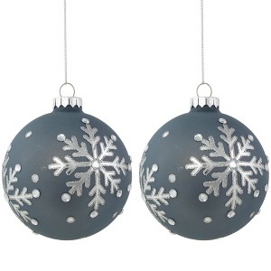 Northlight Glitter Mirrored Snowflakes Christmas Glass Ball Ornaments - 4" - Slate Blue - Set of 2 - 1 of 4