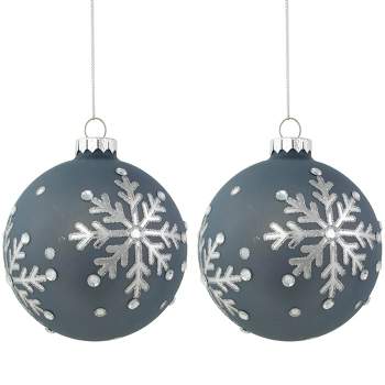 Northlight Set of 2 Slate Blue Jeweled Snowflake Glass Christmas Ball Ornaments