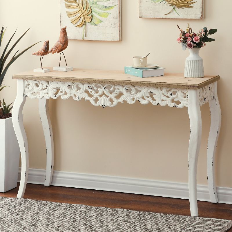 LuxenHome Victorian Off White and Natural Wood Console and Entry Table Off-White, 3 of 10