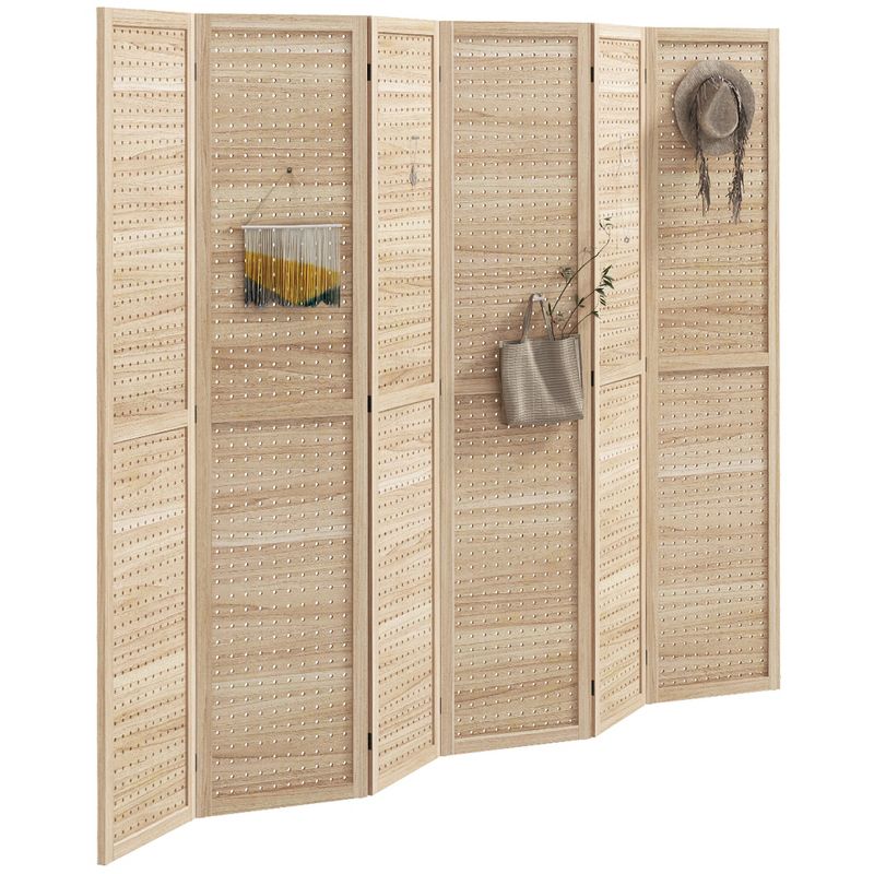 HOMCOM 5.6ft Tall Wood 6 Panel Room Divider Folding Privacy Screen w/ Hook Holes, Natural, 1 of 7