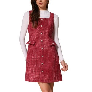 Allegra K Women's Tweed Sleeveless Square Neck Button Up A-Line Pinafore Overall Dress - 1 of 4