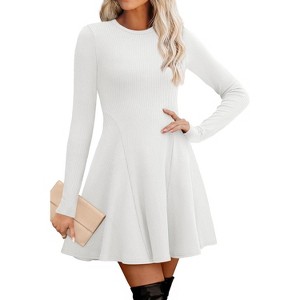 Ribbed Knit Sweater Dress for Women, Long Sleeve Crew Neck Fit and Flare A-Line Dress for Fall and Winter, Casual Office Wear White - 1 of 4