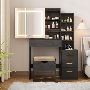 Makeup Vanity Desk with Sliding Mirror, Vanity Dressing Table with 3 Color Adjustable Lights, Girls Vanity Set with Stool, 4 Compact Vanity Drawers - 1 of 4