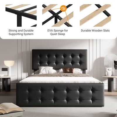 Full Size Upholstered Bed Frame with Storage Drawers and Headboard – Button Tufted Design, Sturdy Wooden Slats, No Box Spring Required, Easy Assembly