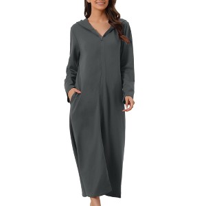 cheibear Women's Zip Up Sweatshirt Robe Hooded Long House Coat Bathrobe Fall Winter - 1 of 4