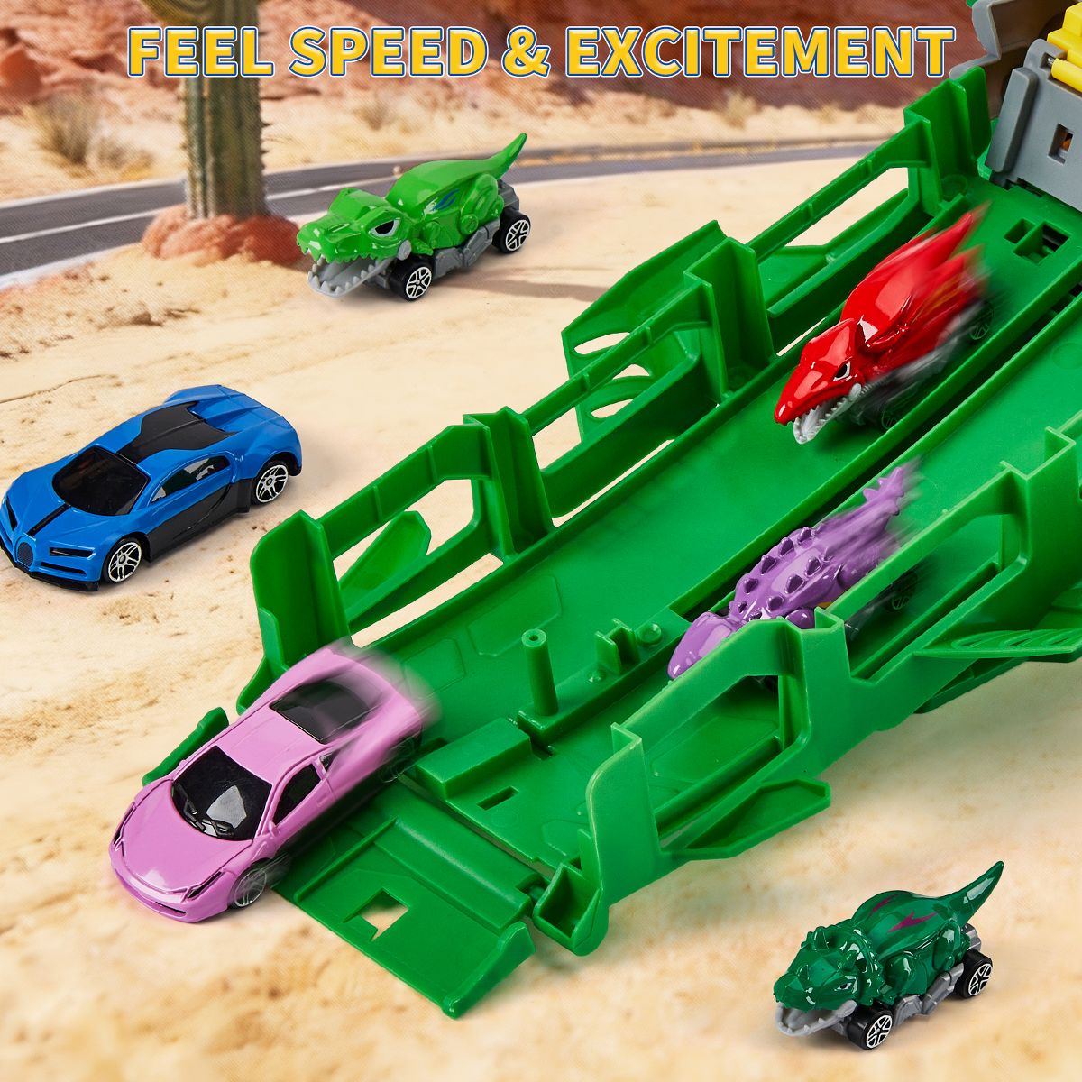 Toddler Toys Car Track Set for 3 4 5 6 Years Old Boys, Dinosaur Transporter Car Race Track with 12 Die-Cast Car Toys, Ejecting Dinosaur Track - thumbnail 4