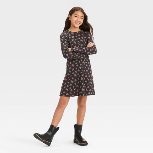 Girls' Long Sleeve Seam Front Fitted Dress - Art Class™ Black