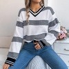 Women's V - Neck Color - Block Striped Lantern - Sleeve Pullover Sweater, Stylish and Cozy Knitwear for Fall and Winter - 3 of 4