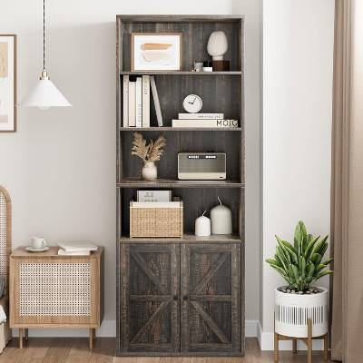 Garvee Farmhouse Bookcase with Doors 11.8in Deep Display Storage 23.6W x 71.4H Inches L-Shape Engineered Wood, Gray