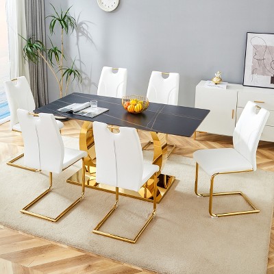 FURNIinspire Dining Sets Table And Chair Set For Dining Rooms, 63"*31.5" Sintered Stone Dining Table And 6 White Dining Chairs With Golden Metal Legs
