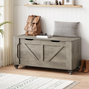 Storage Bench with 4 Wheels, 39.4" Wooden Blanket Chest with 2 Safety Hinges, Round Corner, Supports 350 lbs, for Entryway, Living Room, Bedroom - 1 of 4
