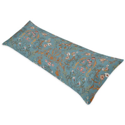 Boho Floral Blue and Orange Body Pillow Cover with Zipper