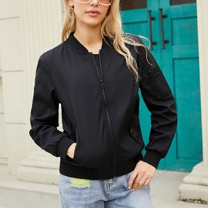 Womens Bomber Jacket Coat Fall Casual Long Sleeve Stand Collar Zip Up Lightweight Fashion Jackets Outfits with Pockets - 1 of 4