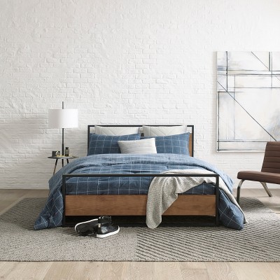 Twin Blue Cotton Grid Duvet Cover Set with Sham
