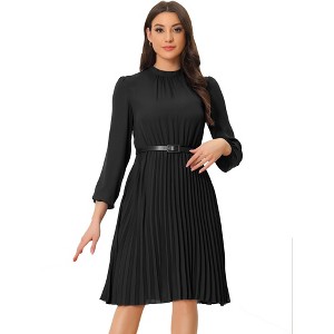 Allegra K Women's Work Long Sleeve Pleated Midi Shirt Dress - 1 of 4