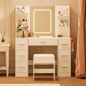 Vanity Desk with Lights, Large Makeup Vanity with Mirror and Chair, Hair Dryer Rack, 3 Lighting Modes Brightness Adjustable Dressing Table - 1 of 4