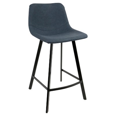 Contemporary Blue Faux Leather and Black Metal Counter Stool, Set of 2