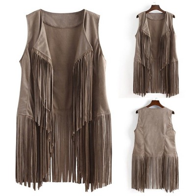Coolmee Women Fashionable Thin Tassel Open-Front Slim Fit Sleeveless Vest Jacket