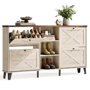 Farmhouse Shoe Cabinet with 4 Flip Drawers and 3 Open Shelves, Entryway Shoe Organizer - 1 of 4