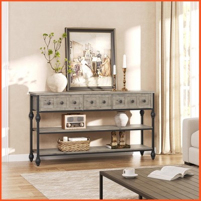 Homhougo 52 Inch Entryway Table, Narrow Long Console Table with Storage, 3 Tier Wood Sofa Table,Hallway Table for Entry Gray