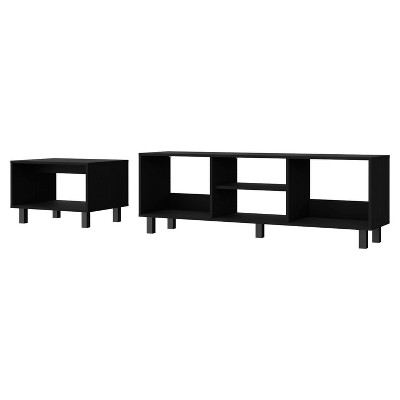 Vynxaria Contemporary 2-Piece Living Room Set, TV Rack & Coffee Table, Black, 55.2"W