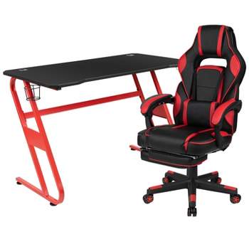 Flash Furniture Gaming Desk with Cup Holder/Headphone Hook & Reclining Back/Arms Gaming Chair with Footrest