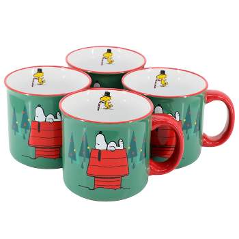 Peanuts Snoopy Christmas 4 Piece 21 Ounce Stoneware Camper Mug Set in Green and Red