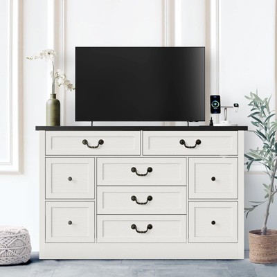 9 Drawer Dresser with Charging Station, 54" Wide Wood Dresser with Metal Handle, Vintage TV Stand, Chest of Drawers