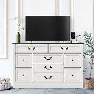 9 Drawer Dresser with Charging Station, 54" Wide Wood Dresser with Metal Handle, Vintage TV Stand, Chest of Drawers - 1 of 4