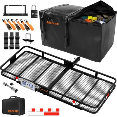 Mockins 70"x30"x6" XXL Trailer Hitch Cargo Carrier Hitch Mount | 500lbs Cap. Hitch Basket with 40 CF Bag & Foldable Arm