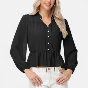 Anna-Kaci Women's Long Sleeve Button Front Peplum Blouse with V-Neckline and Gathered Waist Detail - 1 of 4