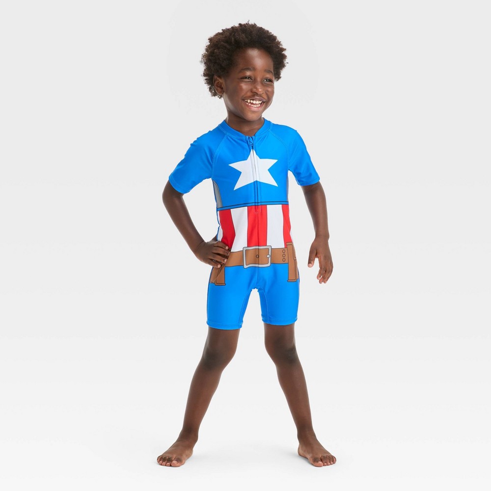 Photos - Swimwear MARVEL Toddler Boys'  Captain America One Piece Rash Guard - Blue 2T 