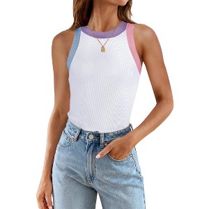Summer Tank Tops for Women Clolor Block Tank Tops Slim Fit Rib Tank Tops Muticolor Cuff Tops Wide Strape Cami Tops Athletic Tank Tops - 1 of 4